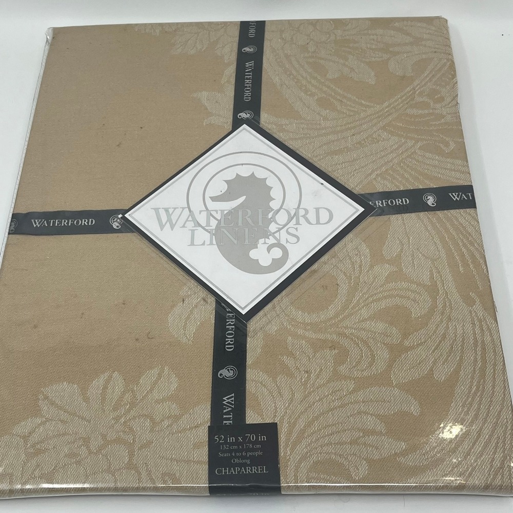 Waterford Linens Chaparrel Beige Fabric Tablecloth 52x70 Oblong Floral Jacquard